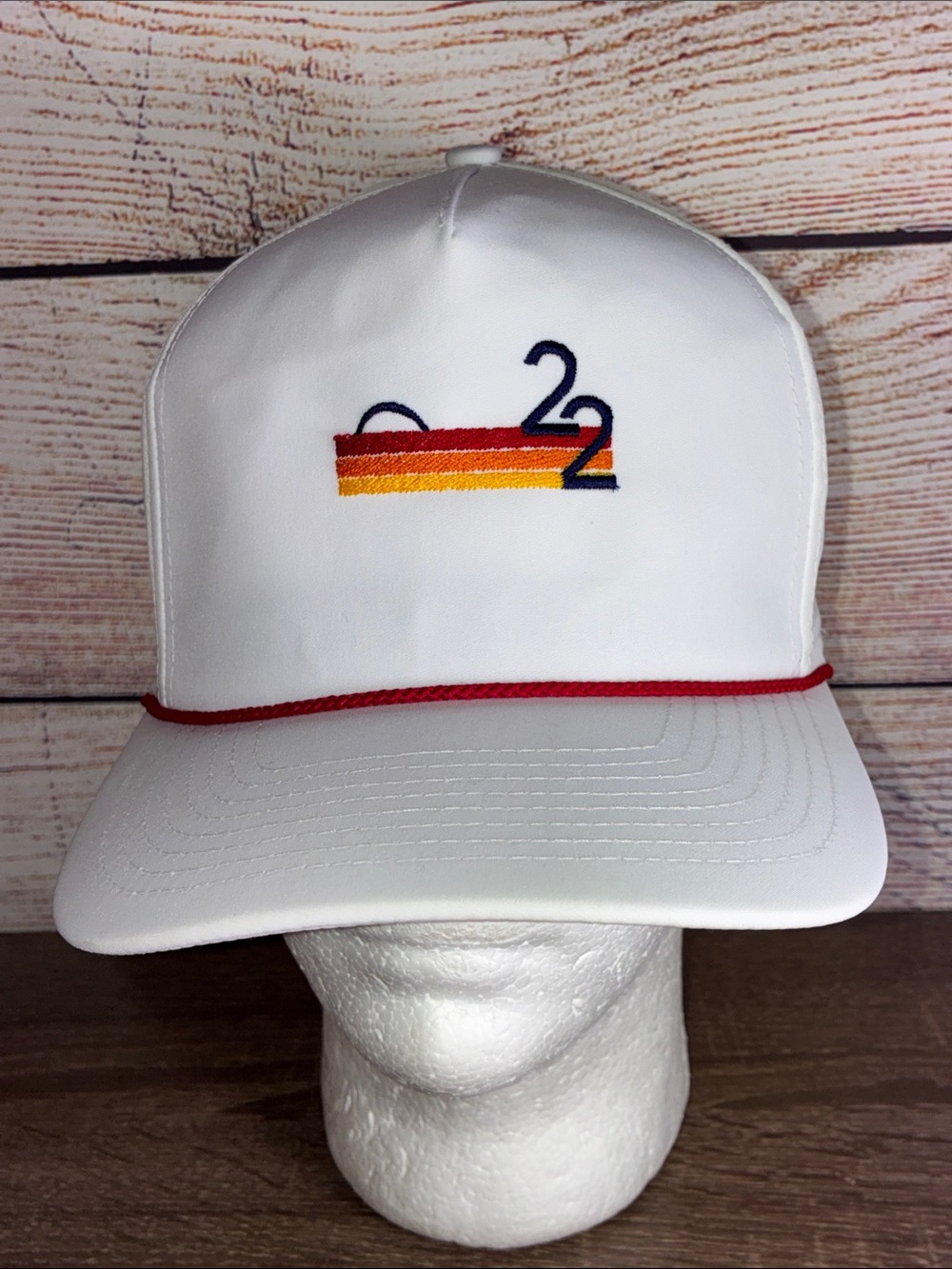 White Men’s Golf Rope Hat with Retro Stripe Embroidery Sunset & 22 Imperial